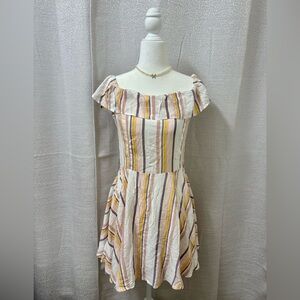 Paper Crane Women’s Multicolor Striped Off The Shoulder Mini Dress Medium Beach